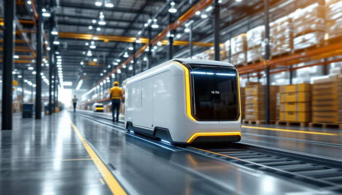 A photograph of a sleek automated guided cart navigating through a modern industrial warehouse
