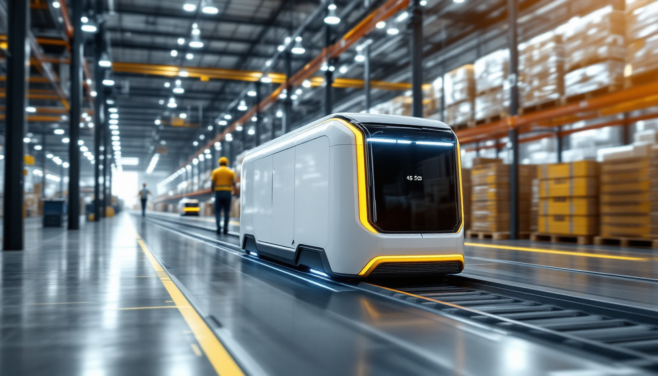 A photograph of a sleek automated guided cart navigating through a modern industrial warehouse