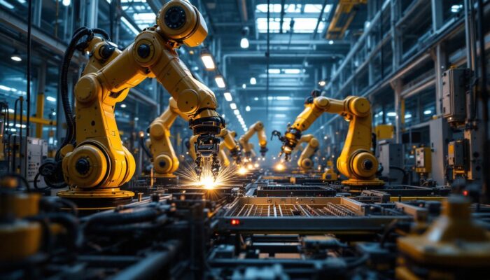 A photograph of a dynamic industrial setting featuring advanced japanese robotic arms in action