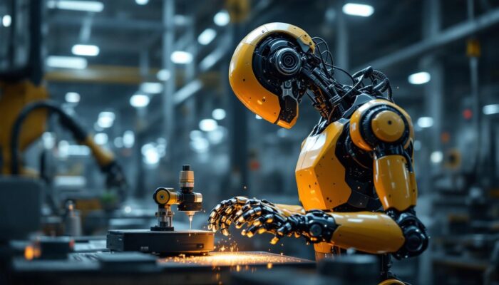 A photograph of a modern industrial robot in action within a manufacturing environment