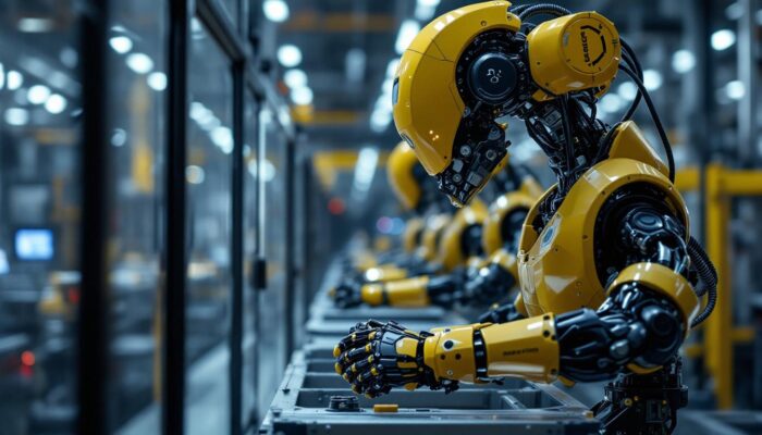 A photograph of a modern industrial robot in action on a factory floor