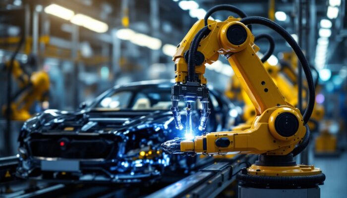 A photograph of a modern car manufacturing facility showcasing industrial robots in action