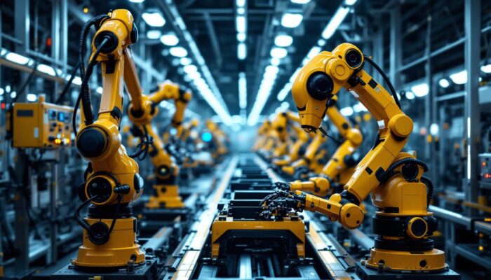 A photograph of a modern automotive assembly line showcasing industrial robots actively working on vehicle production