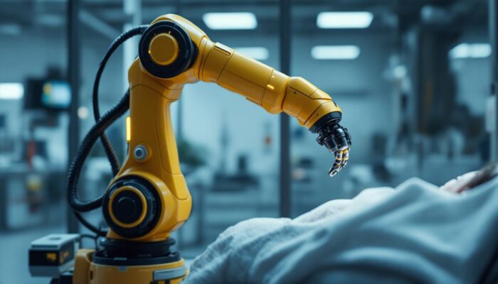 A photograph of a sleek industrial robotic arm in action