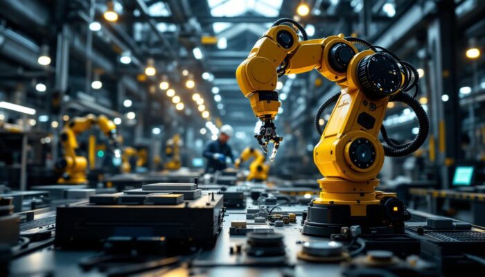 A photograph of a modern industrial robot in action on a factory floor