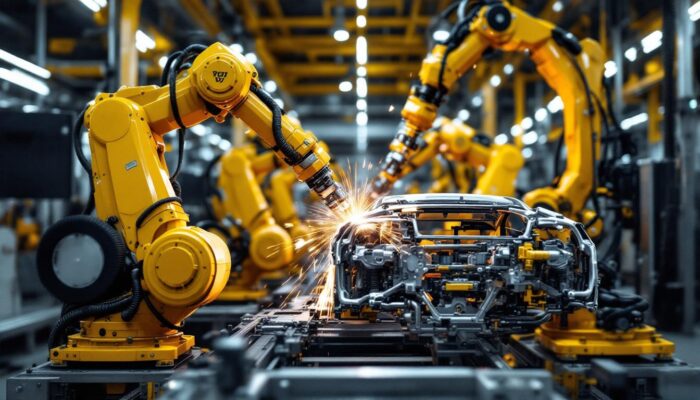 A photograph of a dynamic automotive manufacturing scene featuring industrial robots in action