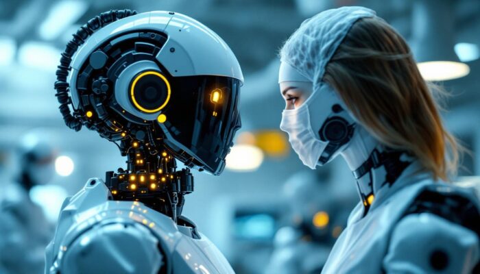 A photograph of a healthcare professional interacting with a sophisticated industrial robot in a clinical setting