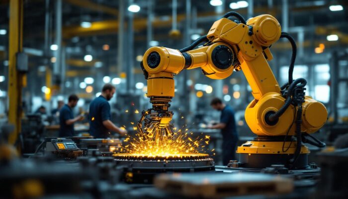 A photograph of a dynamic industrial robot in action