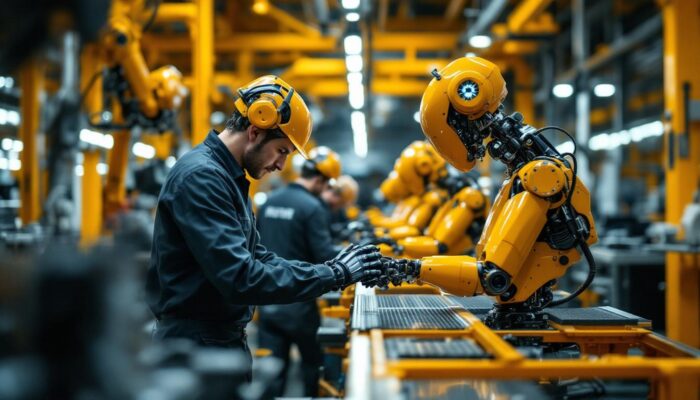 A photograph of a modern automotive assembly line showcasing industrial robots in action