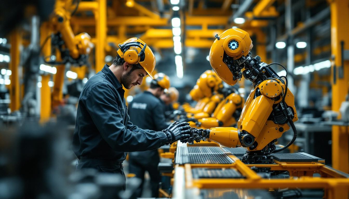A photograph of a modern automotive assembly line showcasing industrial robots in action