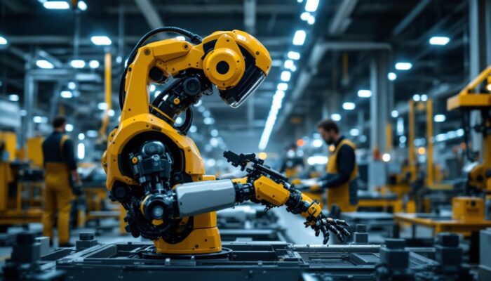 A photograph of a modern industrial robot in action within a manufacturing environment