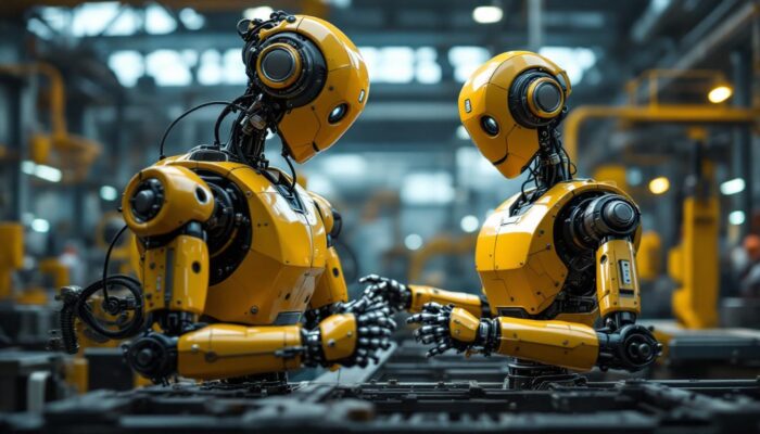 A photograph of a vintage industrial robot in action on a factory floor