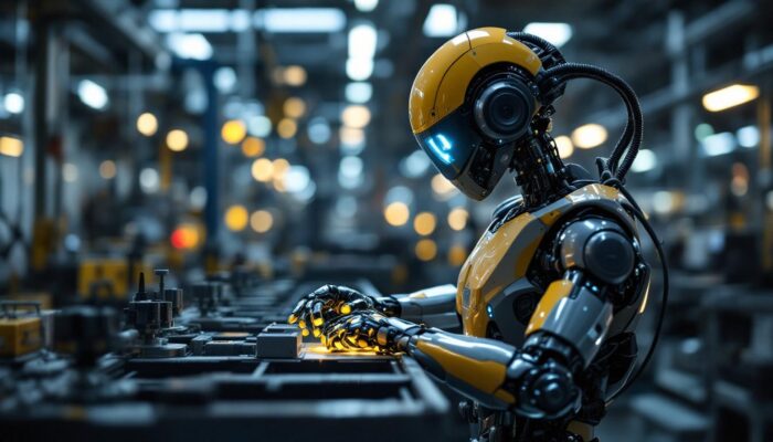 A photograph of a sleek industrial robot in action on a factory floor