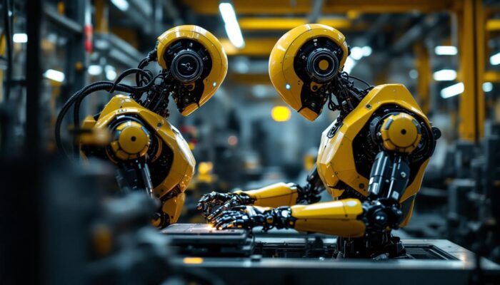 A photograph of a sleek industrial robot in action within a manufacturing environment