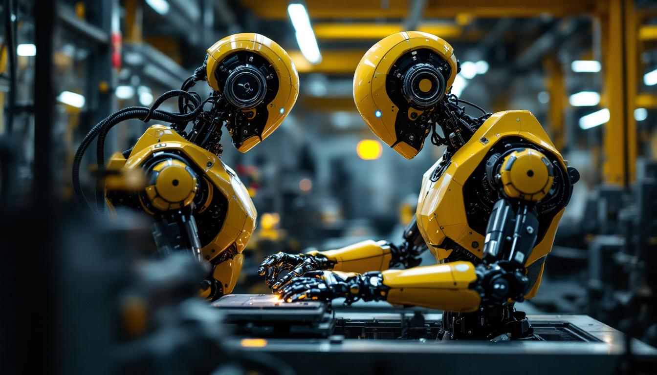 A photograph of a sleek industrial robot in action within a manufacturing environment