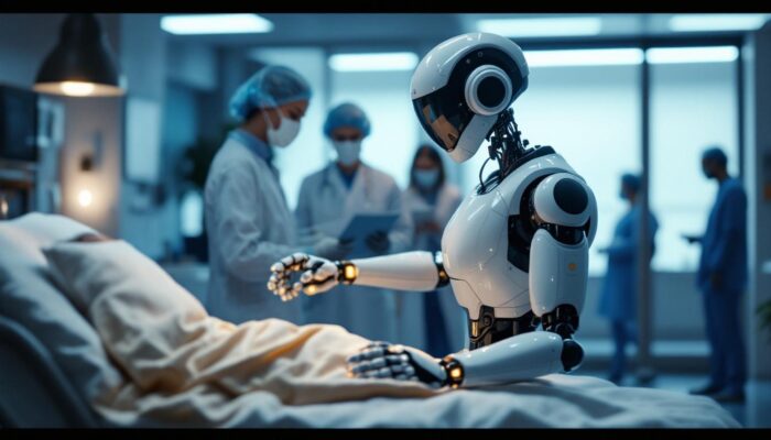 A photograph of a healthcare robot in action