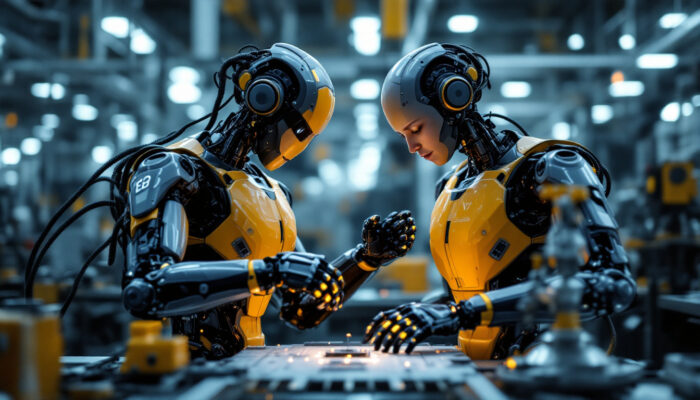 A photograph of a modern industrial robot in action within a manufacturing environment