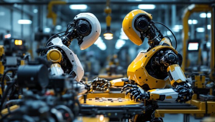 A photograph of a sleek industrial robot in action within a manufacturing environment