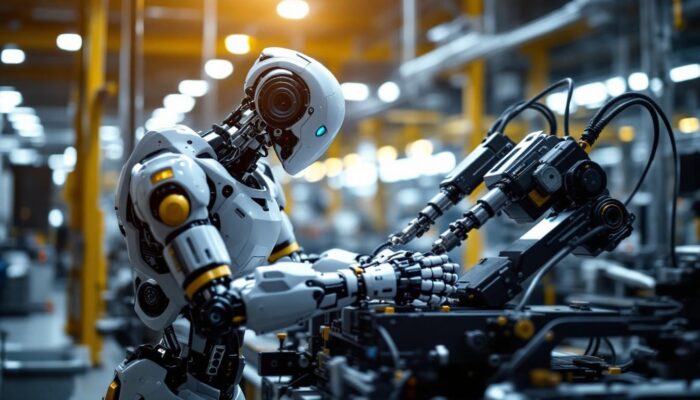 A photograph of a modern industrial robot in action within a manufacturing environment