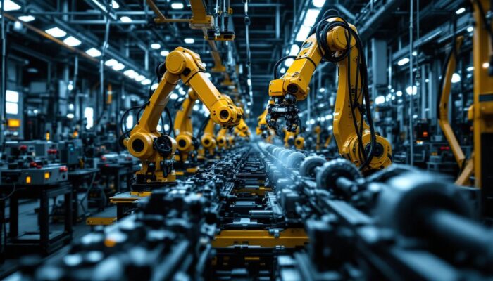 A photograph of a modern automotive assembly line featuring industrial robots in action