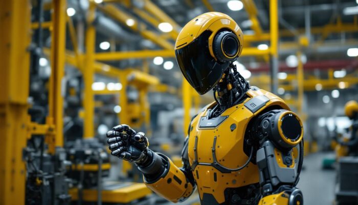A photograph of a modern industrial robot in action within a canadian manufacturing facility