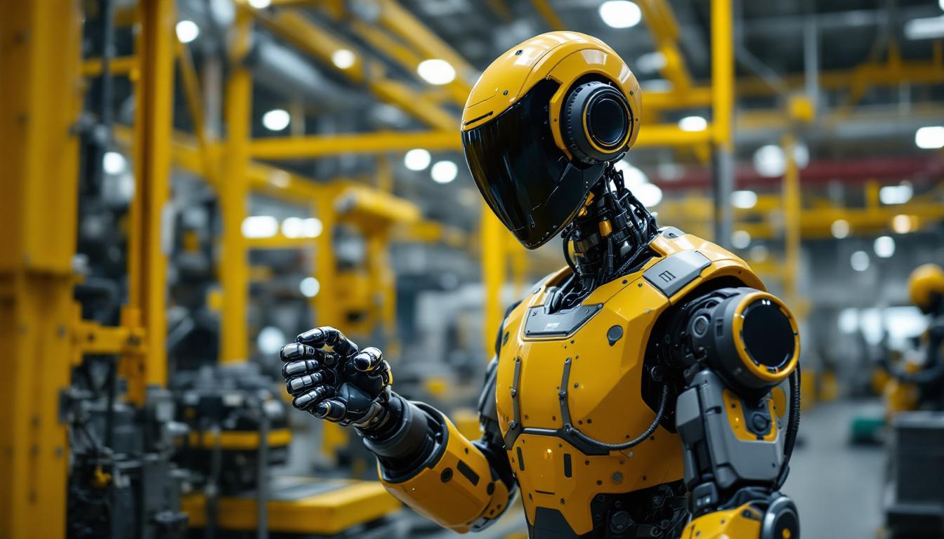 A photograph of a modern industrial robot in action within a canadian manufacturing facility