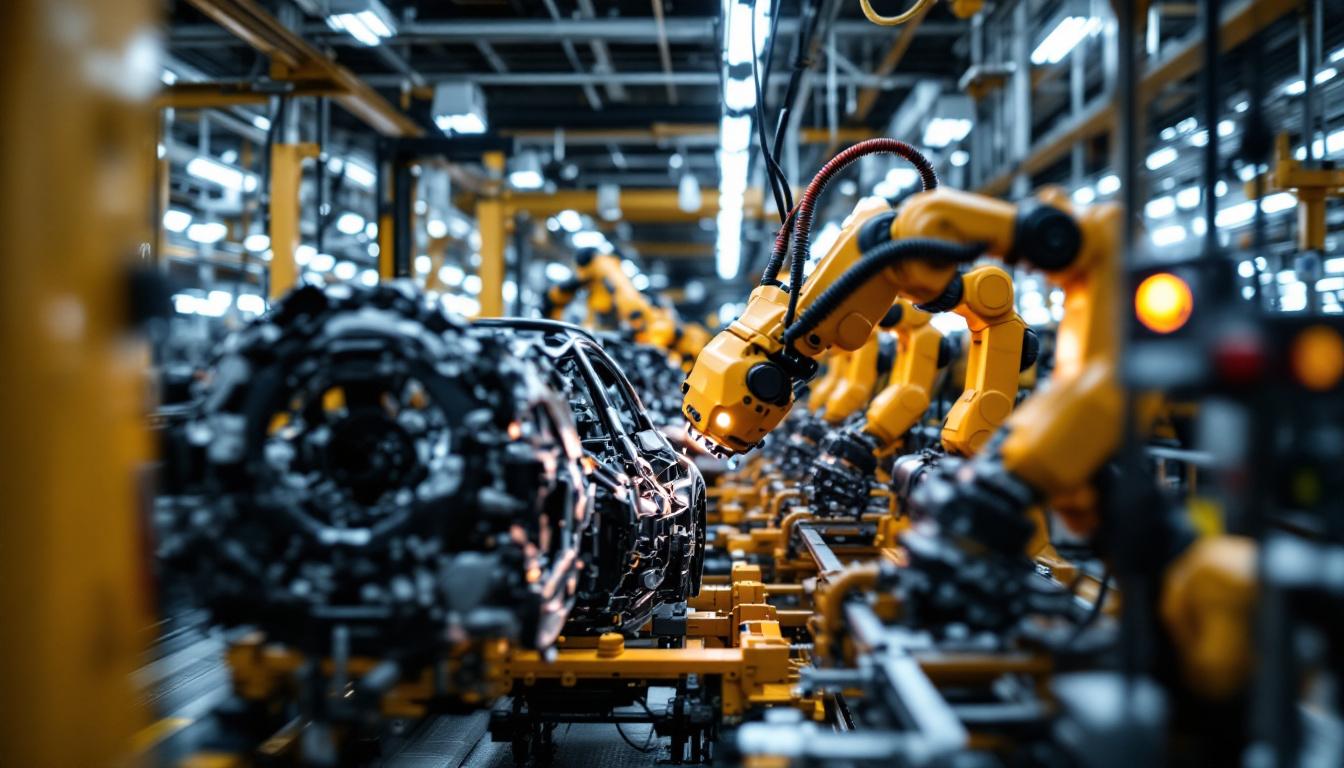 A photograph of a modern car manufacturing facility showcasing industrial robots in action