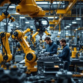 A photograph of a dynamic industrial robotics workspace in chicago