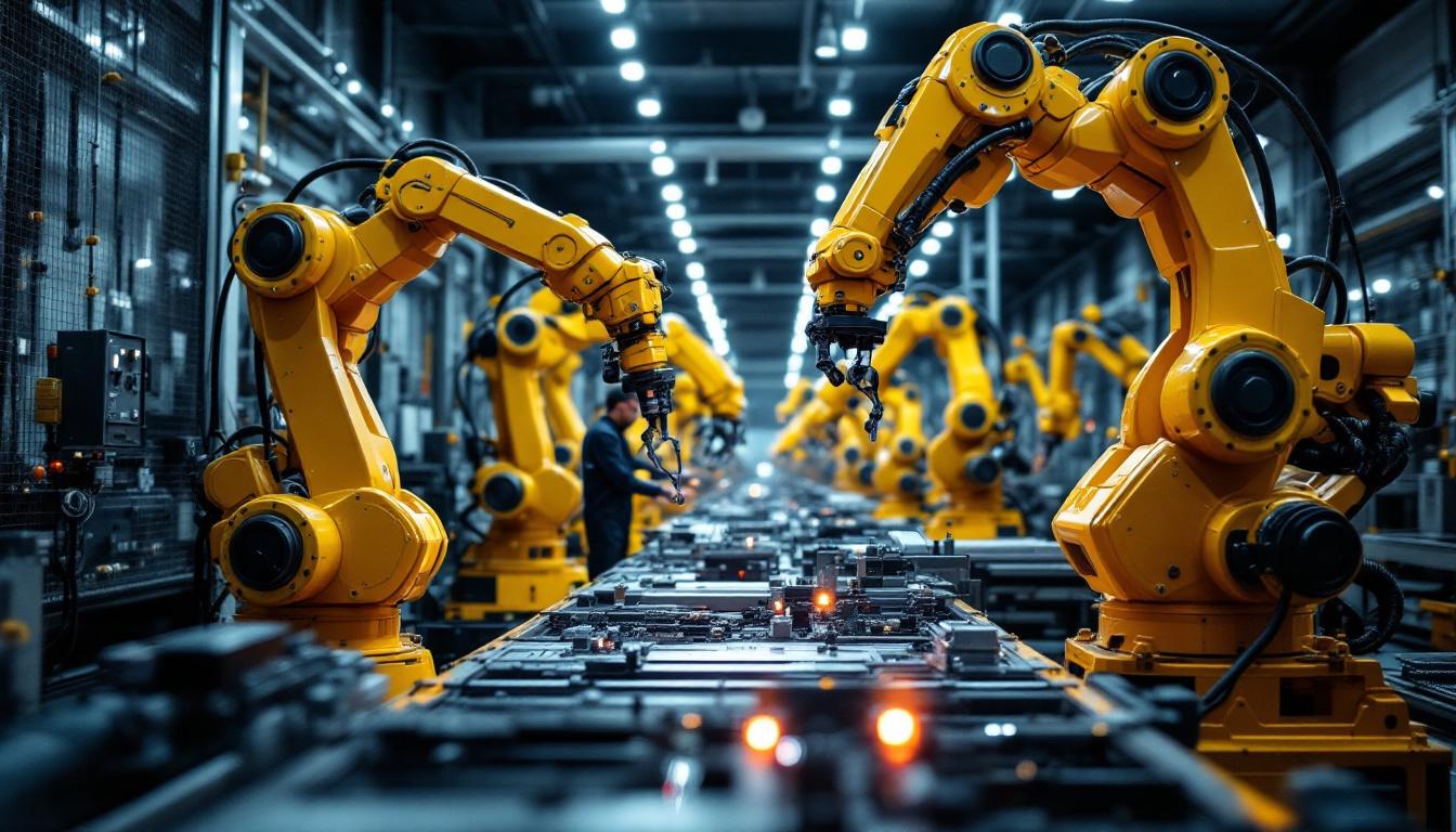 A photograph of a modern manufacturing facility showcasing industrial robots in action