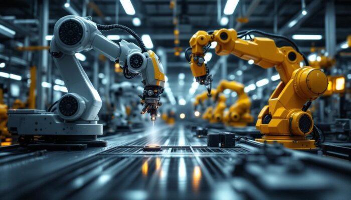 A photograph of a modern factory floor showcasing industrial robots in action