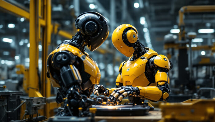 A photograph of a sleek industrial robot in action within a modern manufacturing environment
