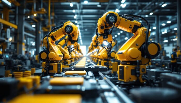 A photograph of a bustling chinese factory floor showcasing advanced industrial robots in action