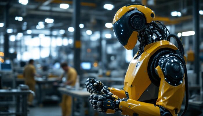 A photograph of a modern industrial robot in action within a manufacturing environment