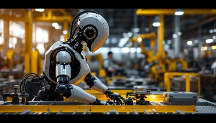 A photograph of a modern industrial robot in action on a factory floor
