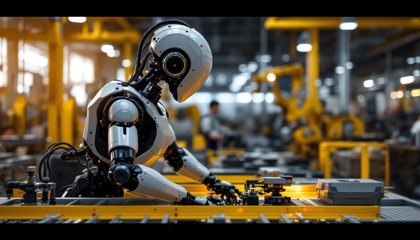 A photograph of a modern industrial robot in action on a factory floor