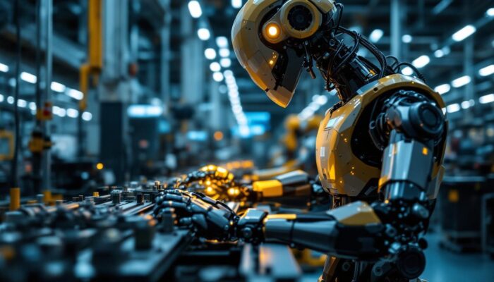 A photograph of a modern industrial robot in action on a factory floor