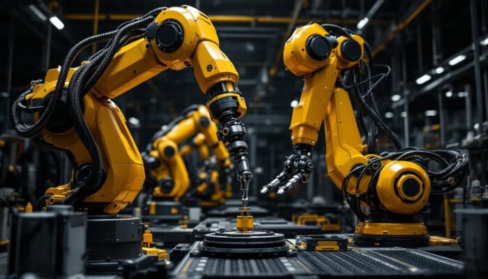 A photograph of a dynamic industrial robotics setting