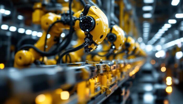 A photograph of a sleek automotive assembly line featuring advanced industrial robots in action