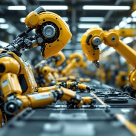 A photograph of capture a photograph of a modern car manufacturing assembly line showcasing industrial robots in action