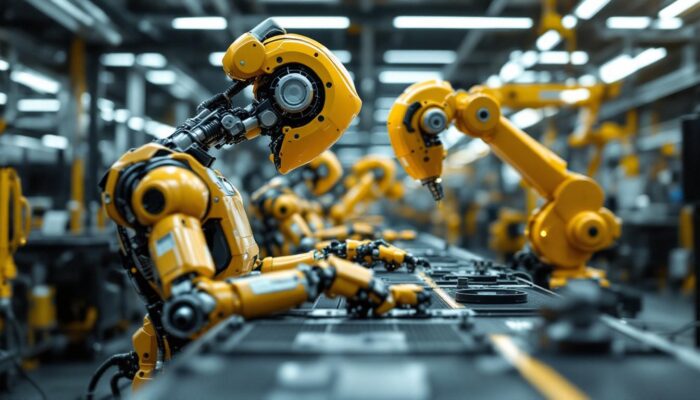 A photograph of capture a photograph of a modern car manufacturing assembly line showcasing industrial robots in action