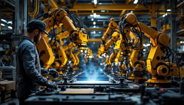A photograph of a bustling industrial environment showcasing various types of industrial robots in action