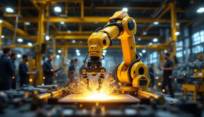 A photograph of a dynamic industrial robotics demonstration