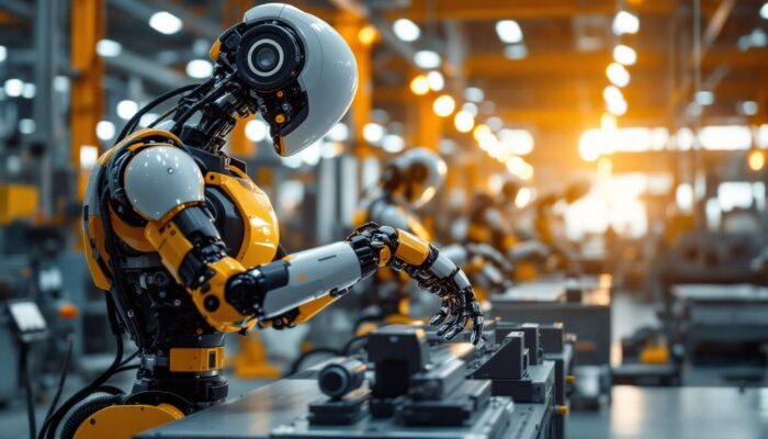 A photograph of a modern industrial robot in action on a factory floor