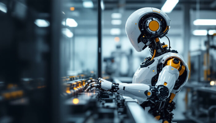 A photograph of a sleek industrial robot in action within a modern manufacturing environment