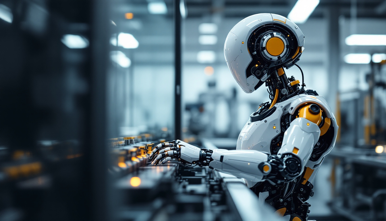 A photograph of a sleek industrial robot in action within a modern manufacturing environment