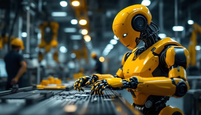 A photograph of a modern industrial robot in action within a manufacturing environment