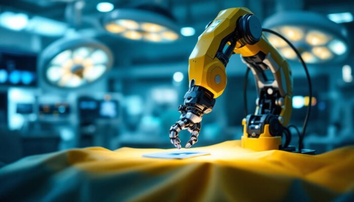 A photograph of a robotic arm performing a precise surgical procedure in a modern operating room