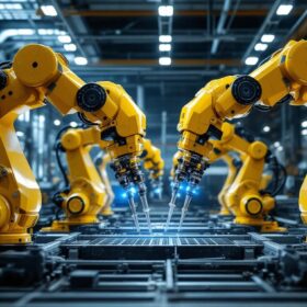 A photograph of a dynamic industrial setting featuring advanced robotic arms in action