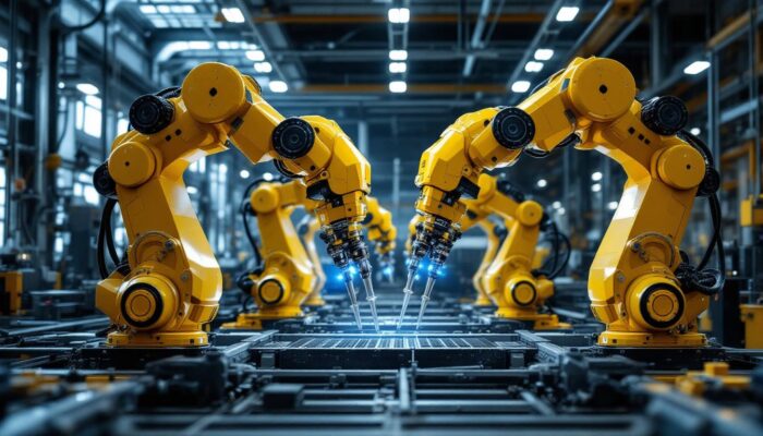 A photograph of a dynamic industrial setting featuring advanced robotic arms in action