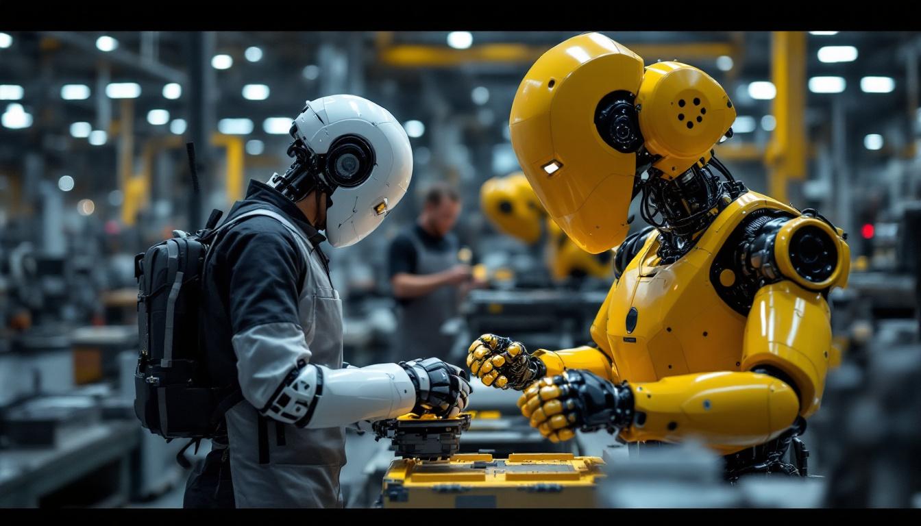 A photograph of a modern industrial robot in action within a manufacturing setting